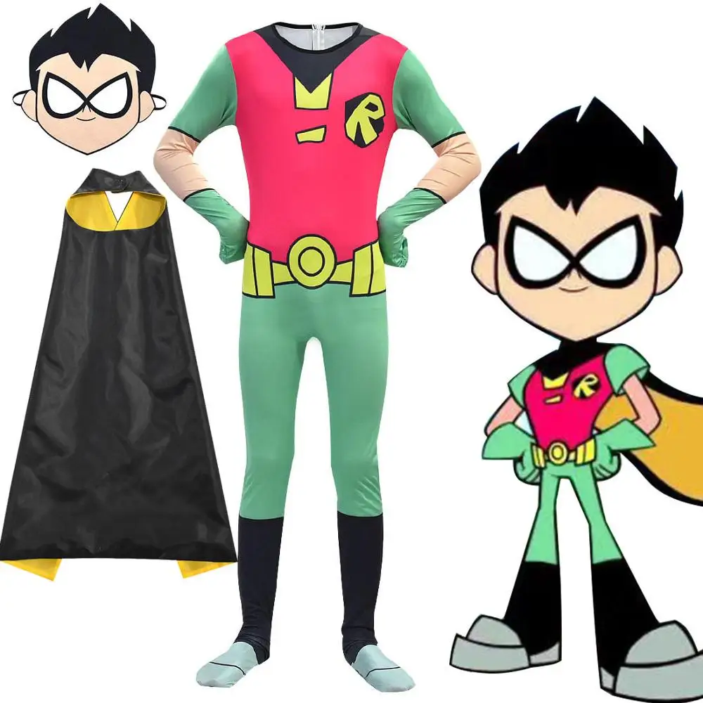 Костюм для подростков Titans Go Робин косплей Детский комбинезон 3D Zentai накидка