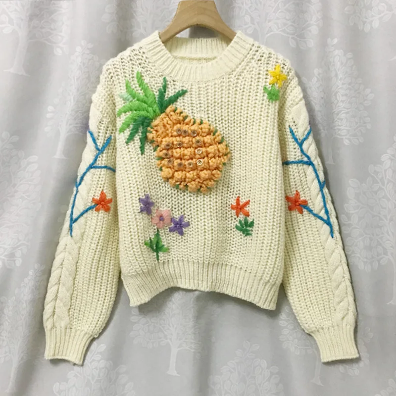 

2021 Fashion Wool Pineapple Chain Link Pullover O-Neck Green Knitted Thickening Korean Loose Casual Sweater Women Clothes
