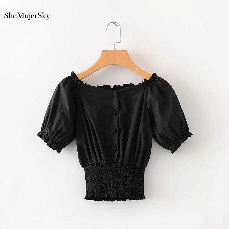 SheMujerSky Женская белая милая блузка с оборками рубашки коротким рукавом топы