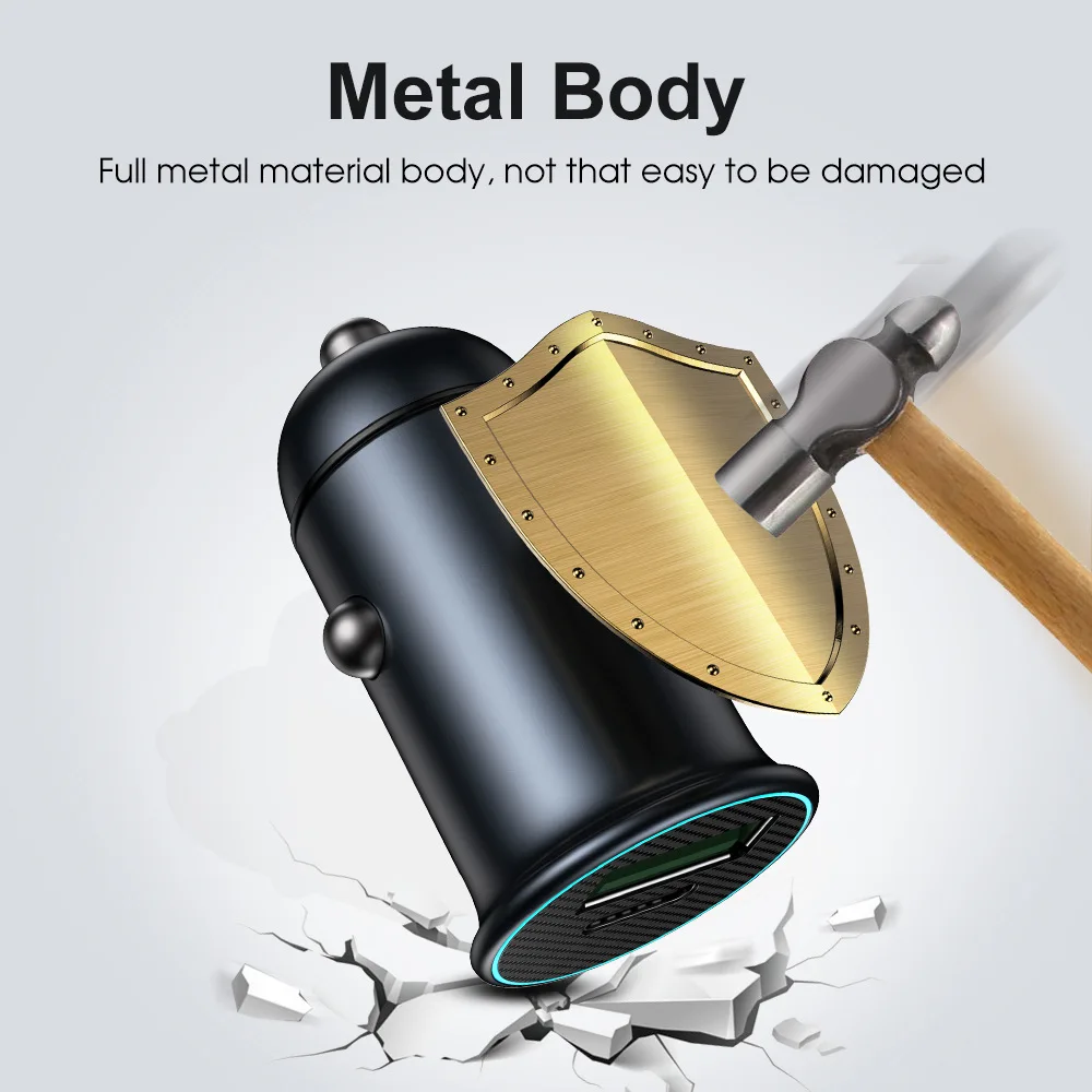 

60W Total Car Charger QC3.0 Fast Charge USB C Car Cigarette Lighter All Metal Mini Dual Port USB C+USB A Car Adapter for Phones