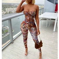 fashion print off shoulder women jumpsuits sexy lace up workout active wear fashion overalls one piece bodycon rompers clubwear