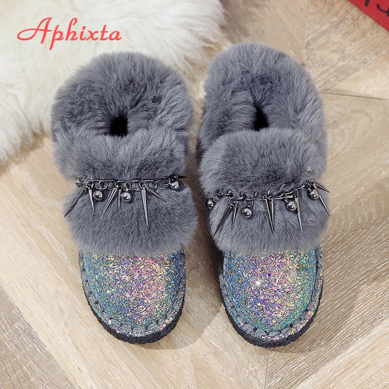 Сапоги aphixta; женские зимние ботильоны на плоской подошве; теплая женская обувь на платформе; женские меховые сапоги с круглым носком и металлической бахромой; Botas Mujer