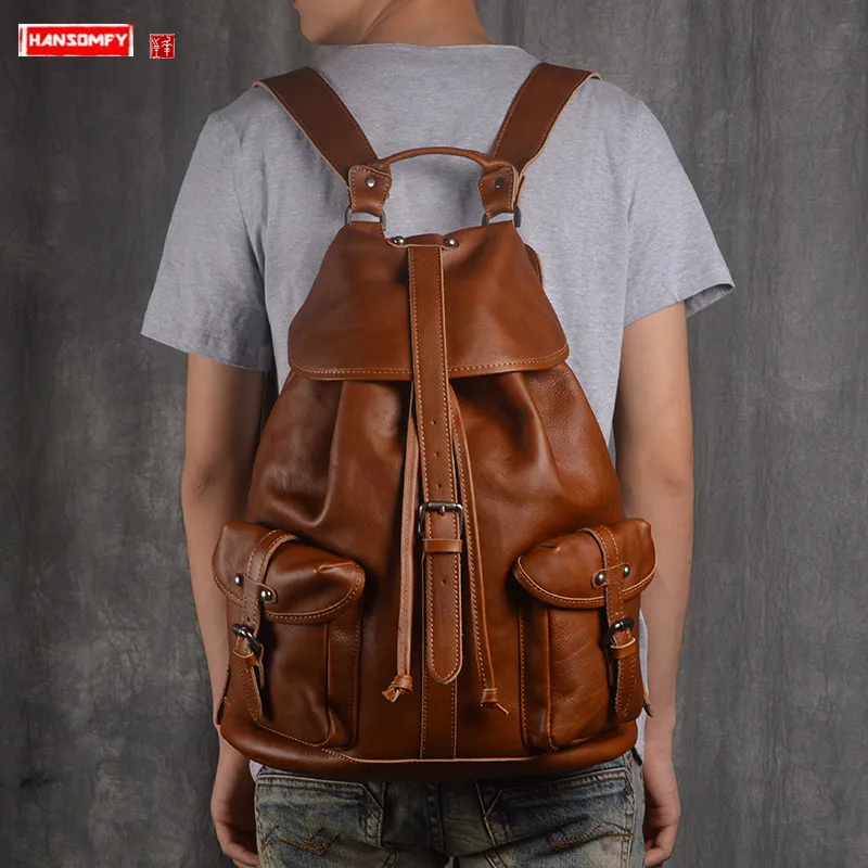 

Рюкзак мужской из натуральной кожи, винтажный Повседневный вместительный ранец для ноутбука, дорожная сумка, первый слой кожи