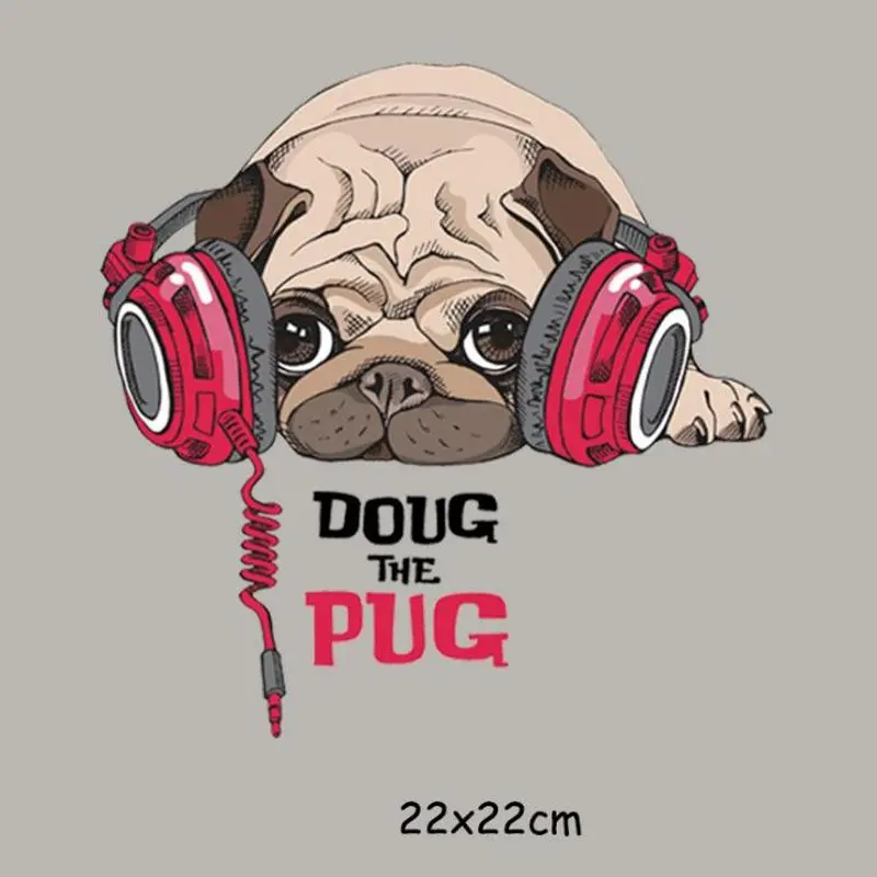 

22x22cm Headphones Pug Dog Animal Iron On Patches For DIY Heat Transfer Clothes T-Shirt Thermal Stickers Decoration Printing