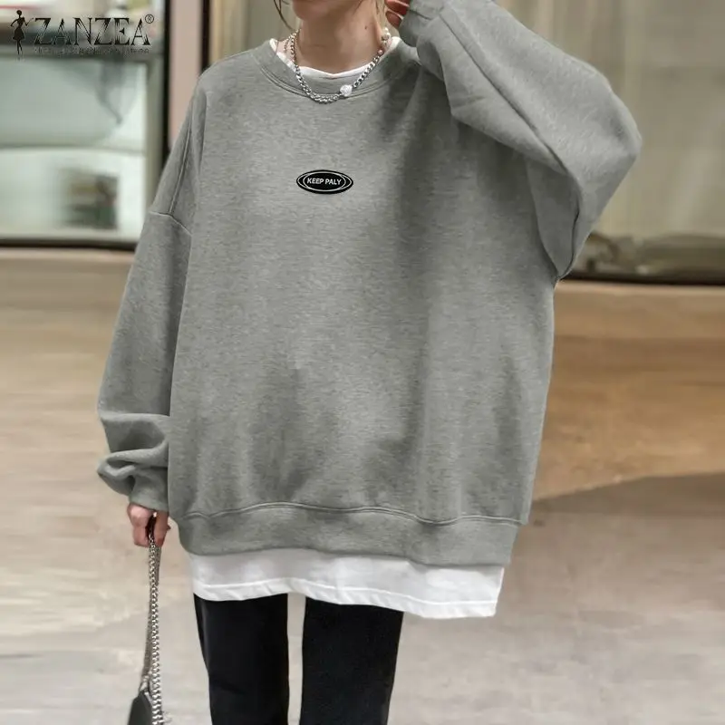 

Oversized ZANZEA Female Casual Sweatshirt Solid Patchwork Sweatshirt 2022 Autumn O Neck Pullovers Women Long Sleeve Hoodies Tops