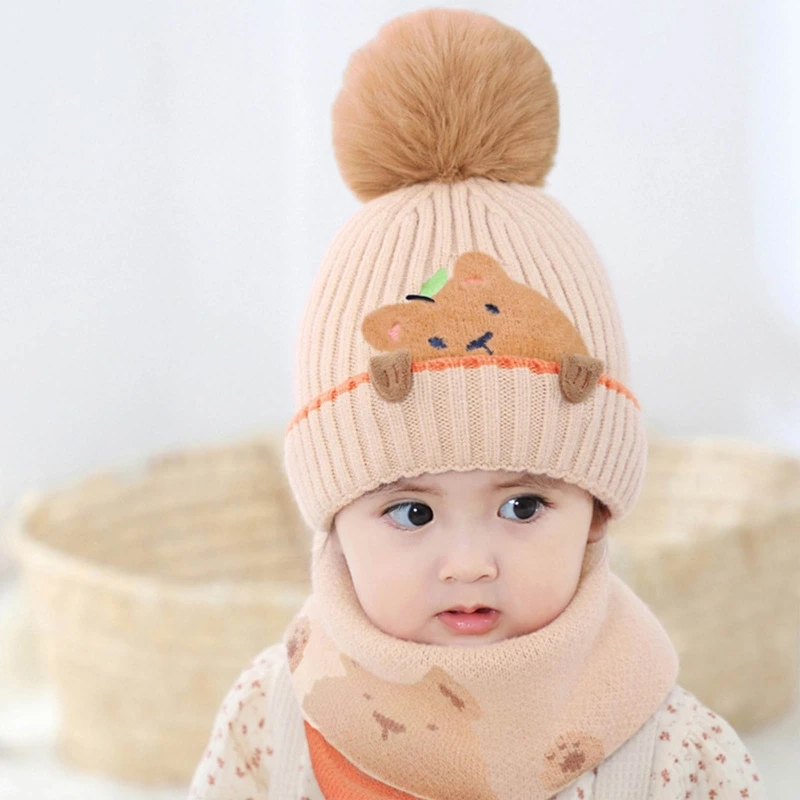 

2 Pcs Baby Hat Scarf Set Cute Soft Knitted Wool Bonnet Neckerchief Winter Warm Thicken Beanie Scarves for Newborn Infants