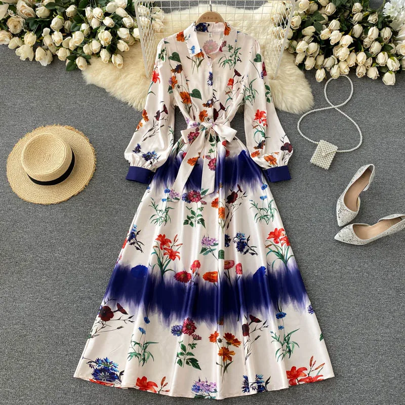 

2021 Autumn Fashion Runway Colorful Maxi Dress Women's Wrist Sleeve Flower Print Elegant Vintage Long Party Vestidos N67467