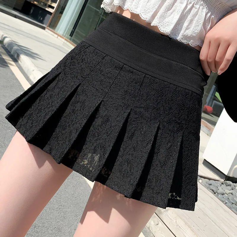 

Selling New Women Black White Lace Mini Skirt High Waist Solid Color Sweet Pleated Student Skirt Fashion Girl Safety Hakama