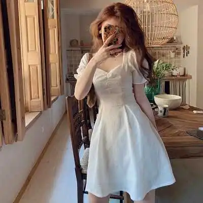 

Platycodon grandiflorum primeiro amor pouco vestido branco suave hepburn vestido bolha manga pouco mori saia curta