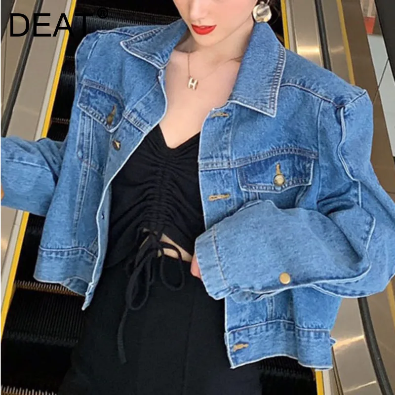 

DEAT 2021 New Autumn And Winter Fashion Women Clothes Turn-down Collar Full Sleeves Denim Jacket Female Short Top WT10105L