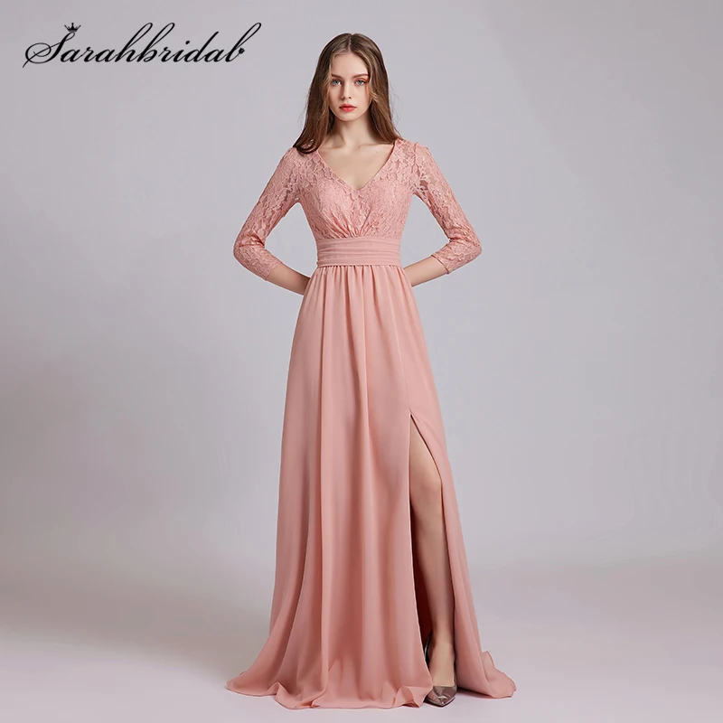 

2021 Elegant Three Quarter A Line Lace Blush Bridesmaids Dresses Floor Length Chiffon Backless Wedding Prom Formal Gowns 5642