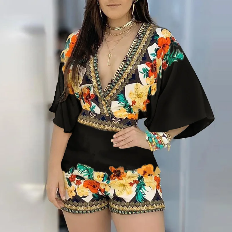 2021 Spring And Summer New European  American Foreign Trade Partial Printing Deep V Lady Rompers Playsuits M6013