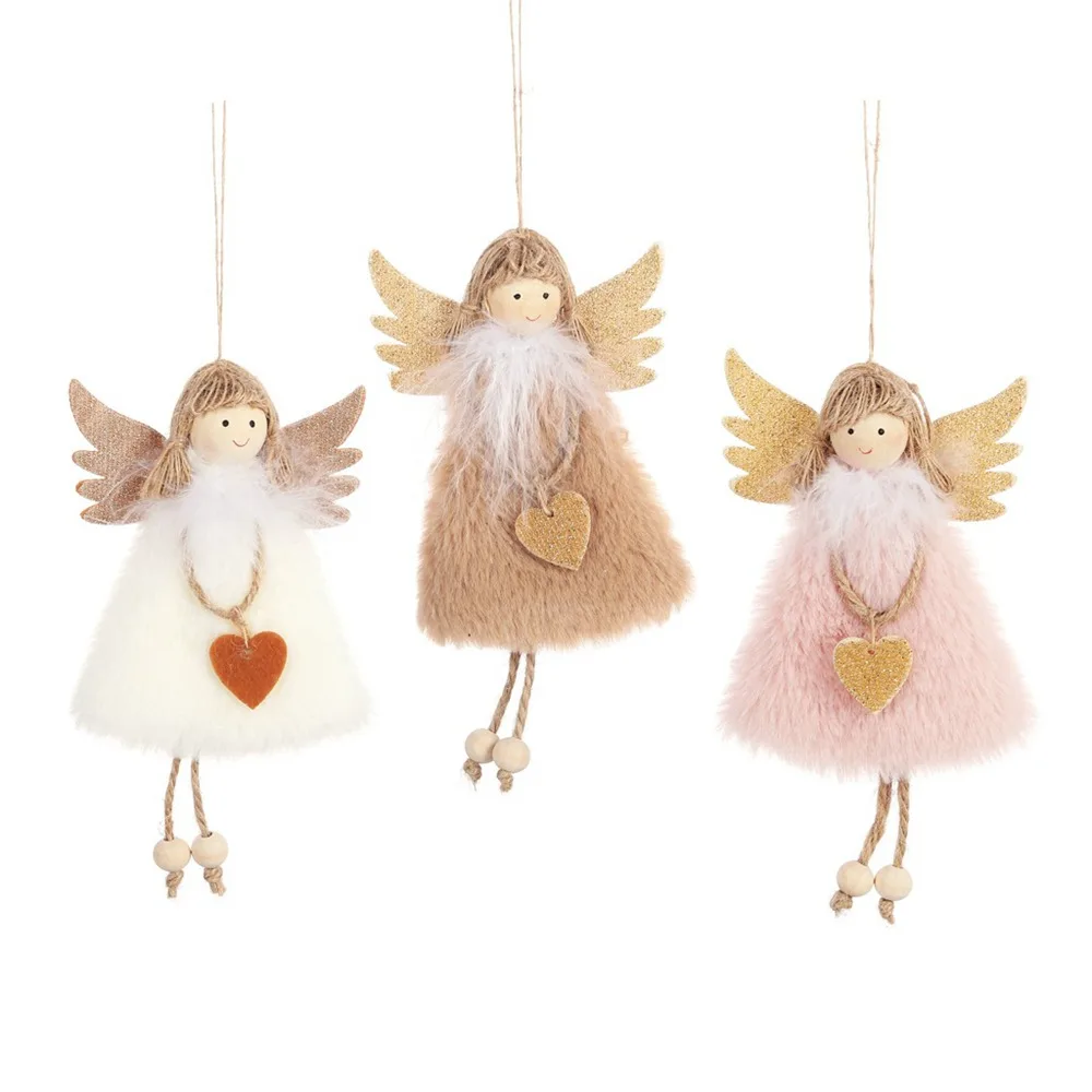 

New Kawaii Christmas Ornaments Cute Pink White Silk Plush Doll Angel Decorations Home Christmas Tree Xmas Hanging Ornaments