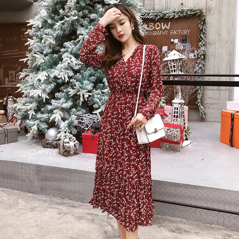 Женское шифоновое платье трапеция повседневное винтажное с длинным рукавом V