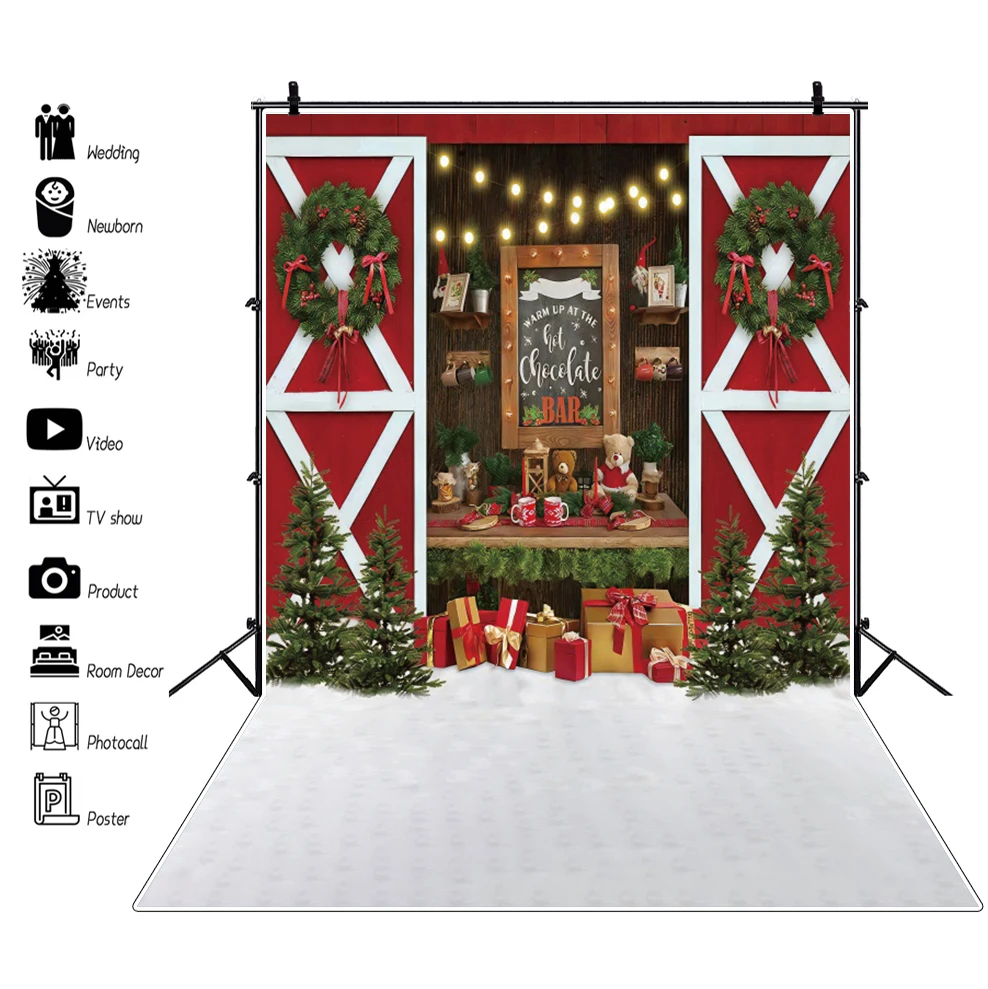 

Laeacco Christmas Photography Background Baby Show Red Japanese-style Sliding Door Gift Garland Tree Teddy Bear Backdrop
