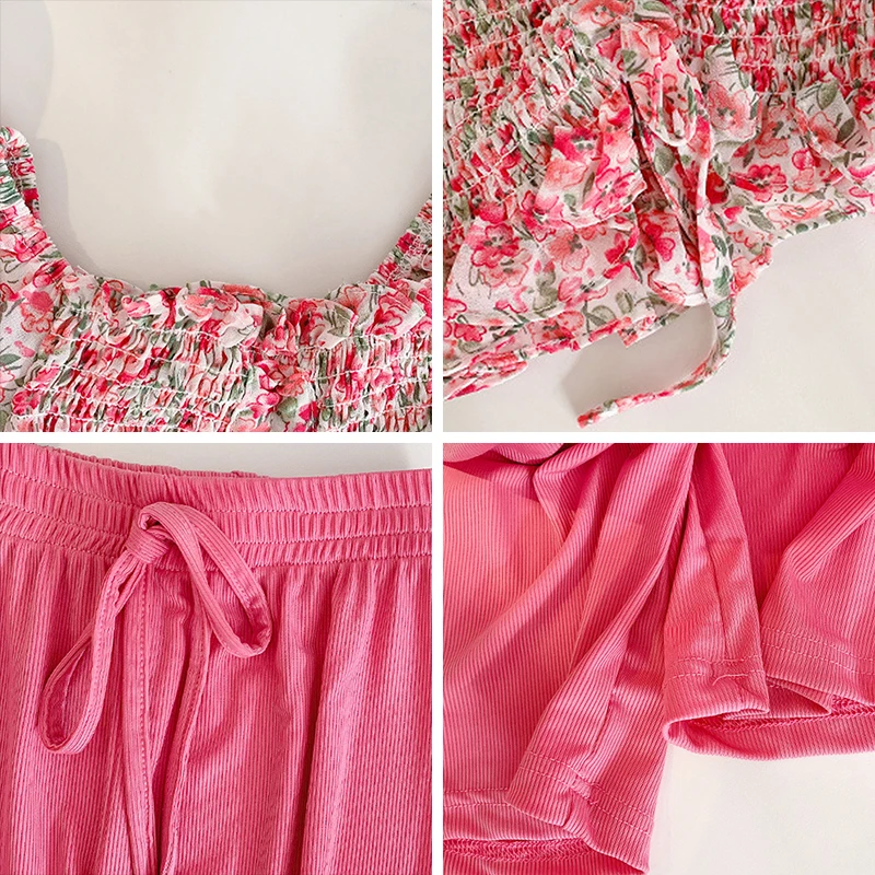 

Girls Fashion Clothing Set 2021 New Summer Kids Floral Ruched Tops And Pants 2pcs Outfits Children Holiday Casual Suits