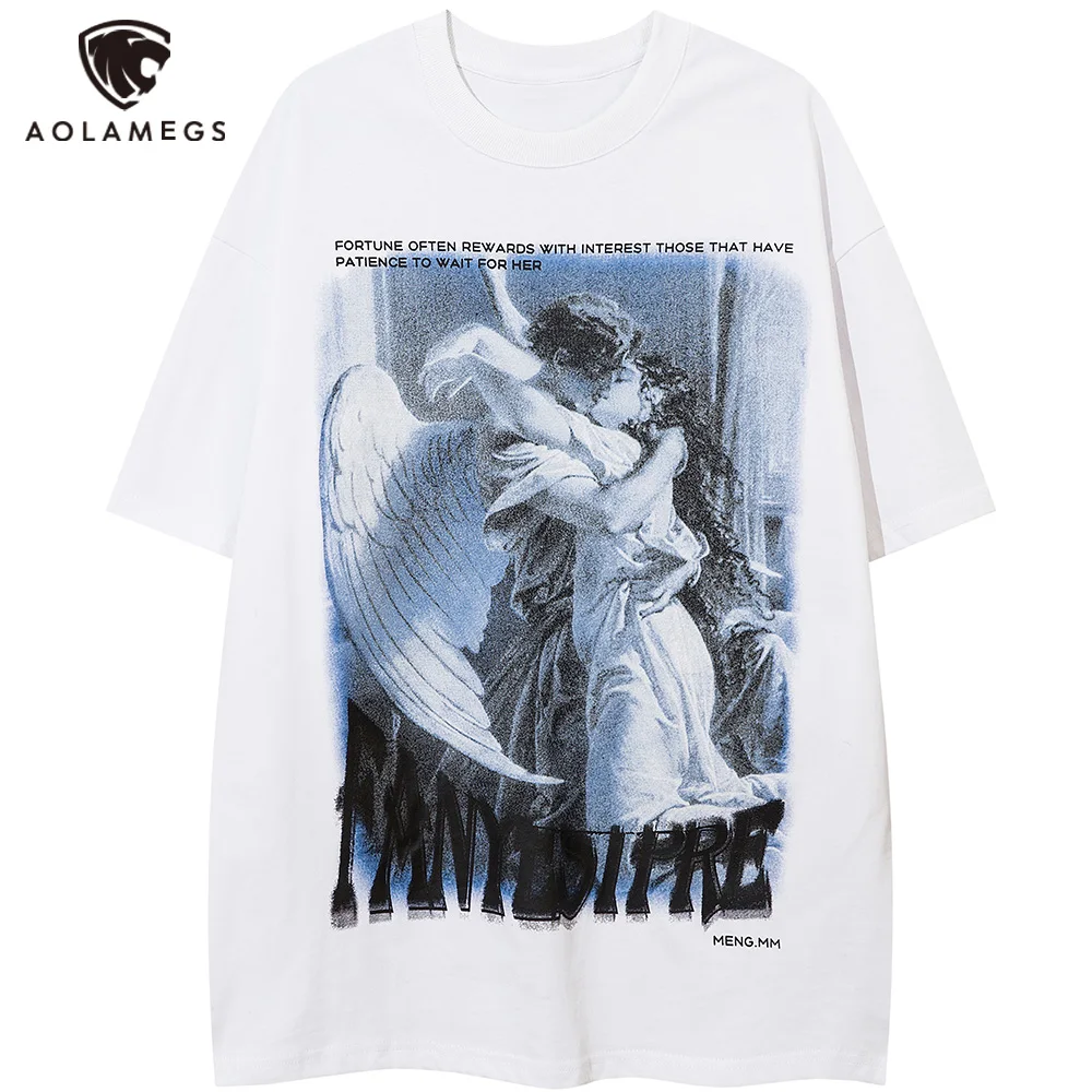 

Aolamegs T-shirt Men Ancient Couple Letter Print Cotton Tops Tees Summer Casual Harajuku High Street O-Neck Oversized Streetwear