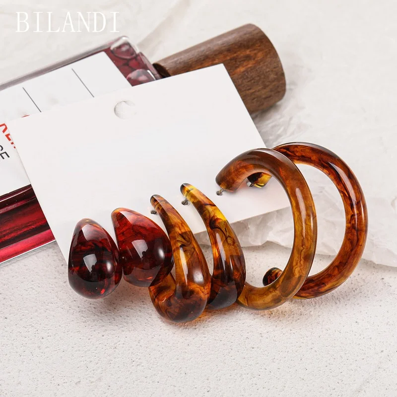 

Bilandi Fashion Jewelry Hoop Earrings Hot Sale Popular Vintage Temperament Pink Green Brown Resin Earrings For Women Gifts