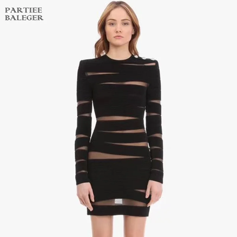 

PB 2020 Autumn Hot New Arrival Buttons Embellished Mesh Splicing Long Sleeves O Neck Celebrity Party Vestido Bandage Mini Dress