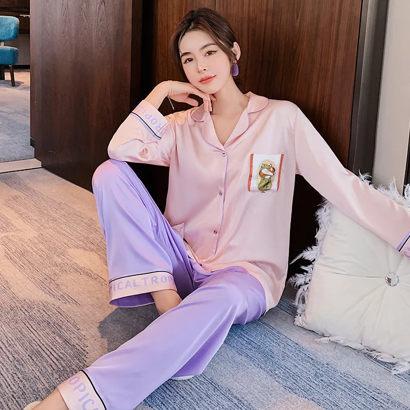 

Новинка Весна 2021 Пижама свободный комплект из двух предметов для женщин Повседневная Домашняя одежда с милым мультяшным принтом букв компл...