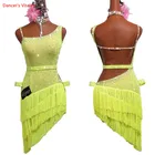 Платье для латинских танцев; Костюм; Платье с кисточками для женщин и взрослых; Детское платье для соревнований; Танцевальная одежда; Вечерние флуоресцентные желтые платья для латинских танцев