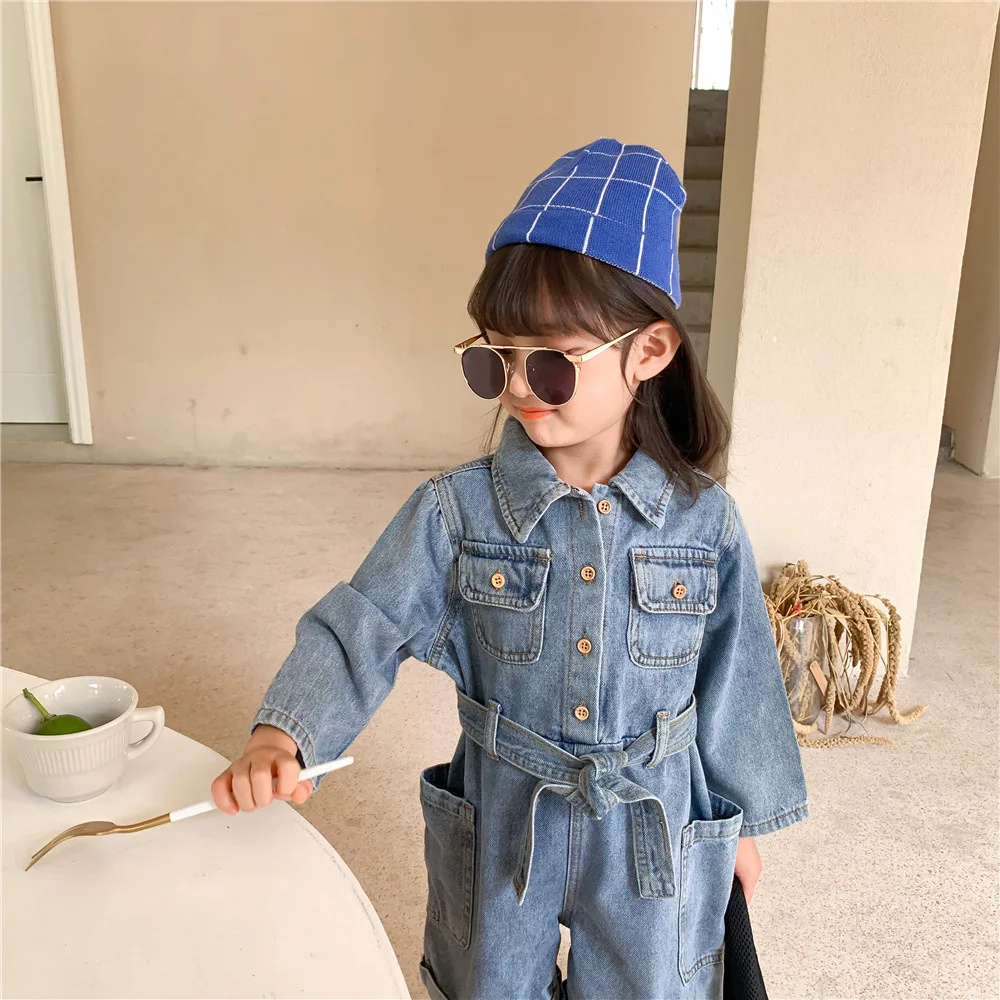 

Korean style Spring 2021 Girls Boys Fashion Denim Long Sleeve One-pieces Kids Children Turn-down Collar Oversized Jumpsuits