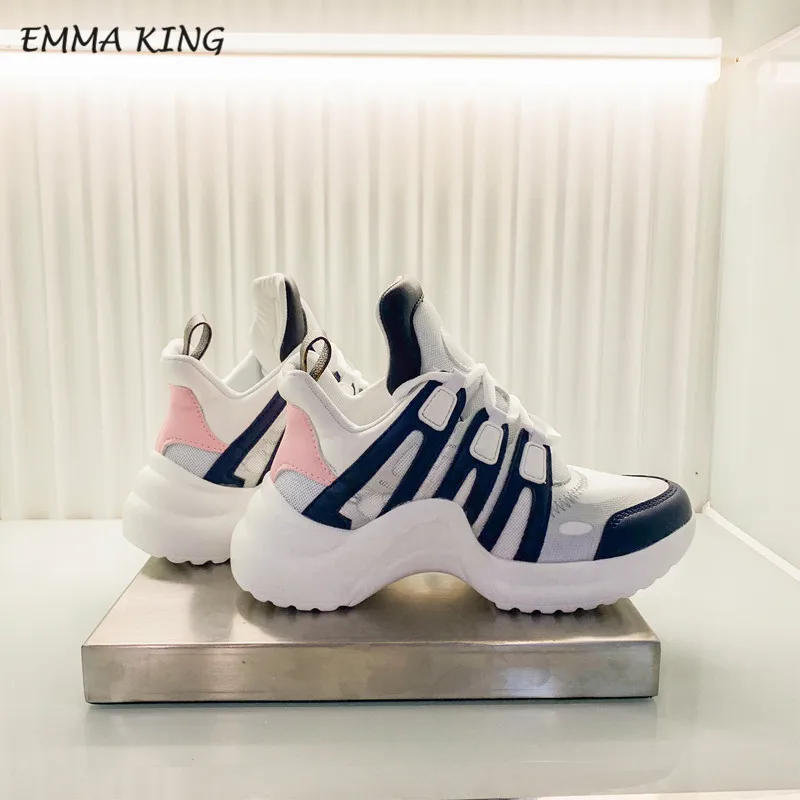 Дизайнерские женские кроссовки Emma King на шнуровке; спортивная обувь для бега; Повседневная обувь из вулканизированной кожи и лайкры на плоской подошве; Прогулочные кроссовки - Цвет: Navy