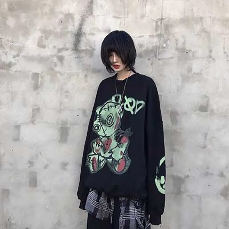 

Женская толстовка с принтом в стиле панк, черная толстовка с принтом в Корейском стиле, зима 2020