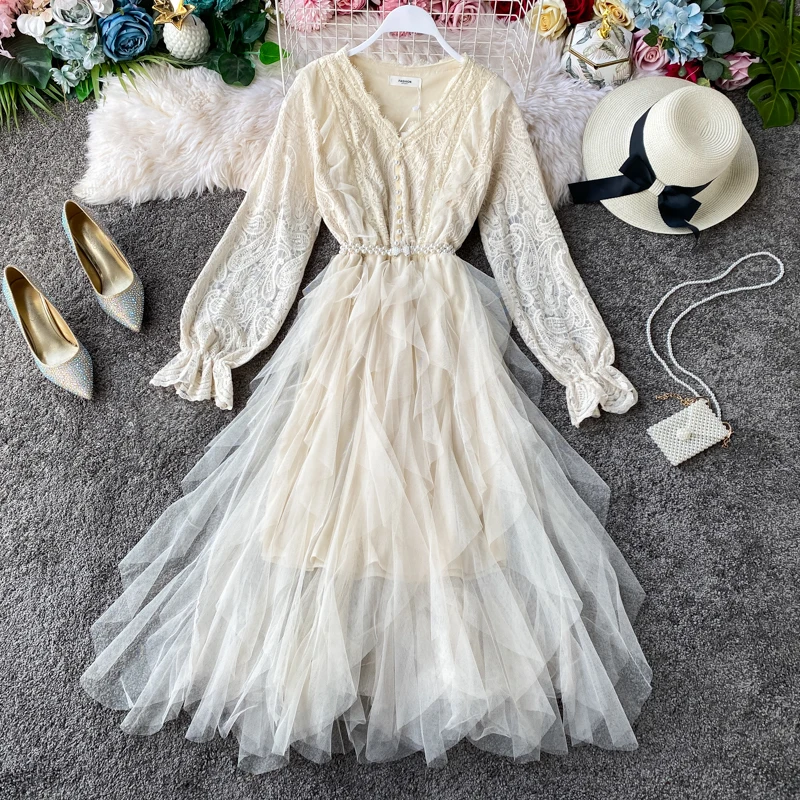 Белое Сетчатое кружевное платье женские платья весна-осень женская одежда 2020