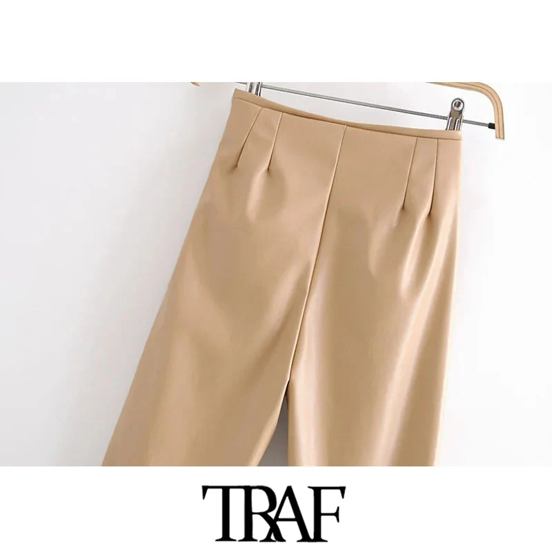 

TRAF Women Fashion Faux Leather Skinny Pants Vintage High Waist Side Zipper Female Ankle Trousers Mujer
