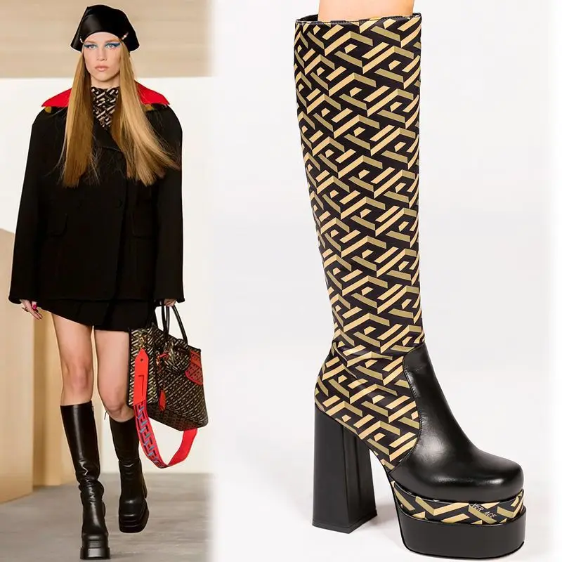 

Women Hot Selling Knee High Boot Platform Plaid Leather Square Toe Chunky Heel 13 CM Fashion Shoes 2022 Newest Zipper Boots