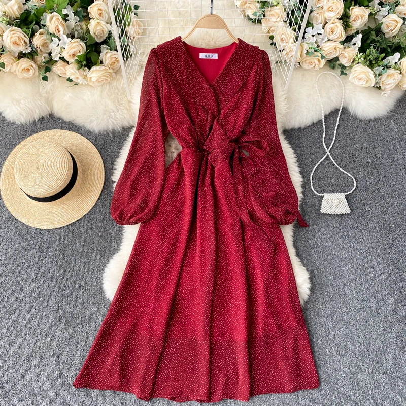 

2021 New Fashion Women V Neck A-line Dress Spring Sweet Dot Print Ruffle Slim Long Sleeve Chiffon Holiday Vestidos R005