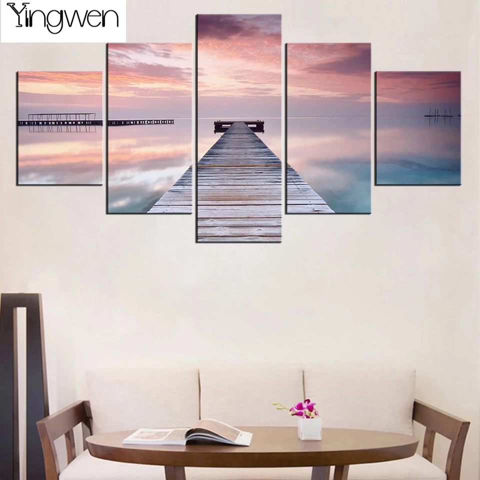 

DIY 5d Diamond Painting Pink Sea Wooden Bridge Mosaic Cross Stitch Kits Full Square Round Diamond Rhinestone Home Decor 5 Panels