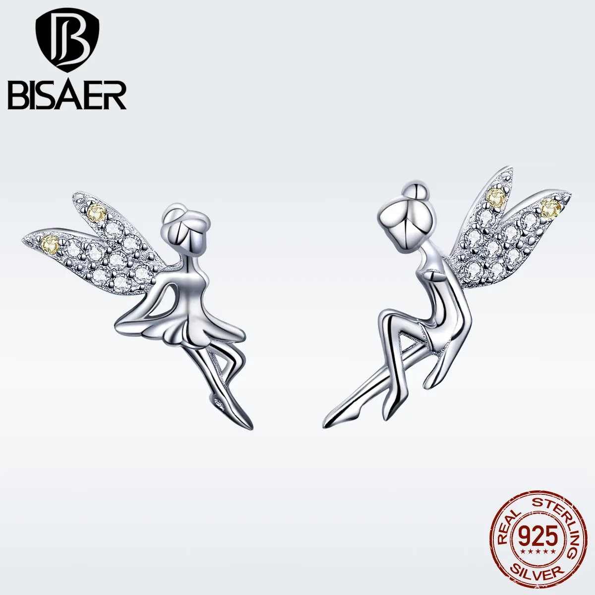 BISAER, 925 пробы, серебряные, маленькие, ангел, фея, серьги-гвоздики для женщин, прозрачный кубический цирконий, режим, Bijoux Brincos GAE046