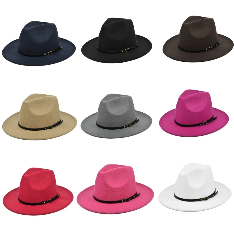 

Fashion Jazz Hat Retro Cowboy Hat Solid Color Top Hat with Belt for Daily Wear P8DB