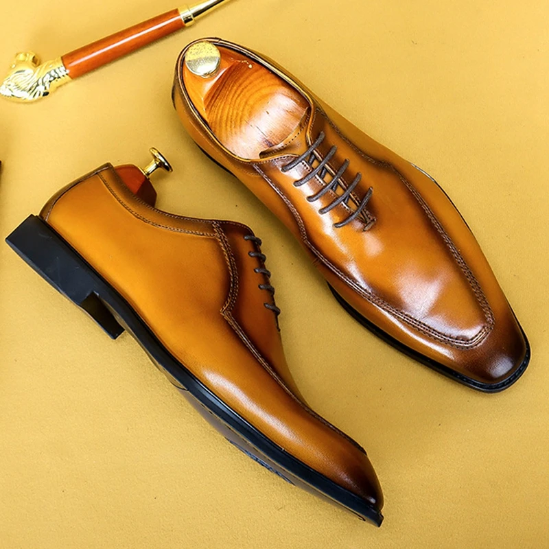 

Plus Size Stylish Genuine Leather Handmade Formal Dress Office Shoes Square Toe Men's Wedding Party Oxfords For Bridal AS398