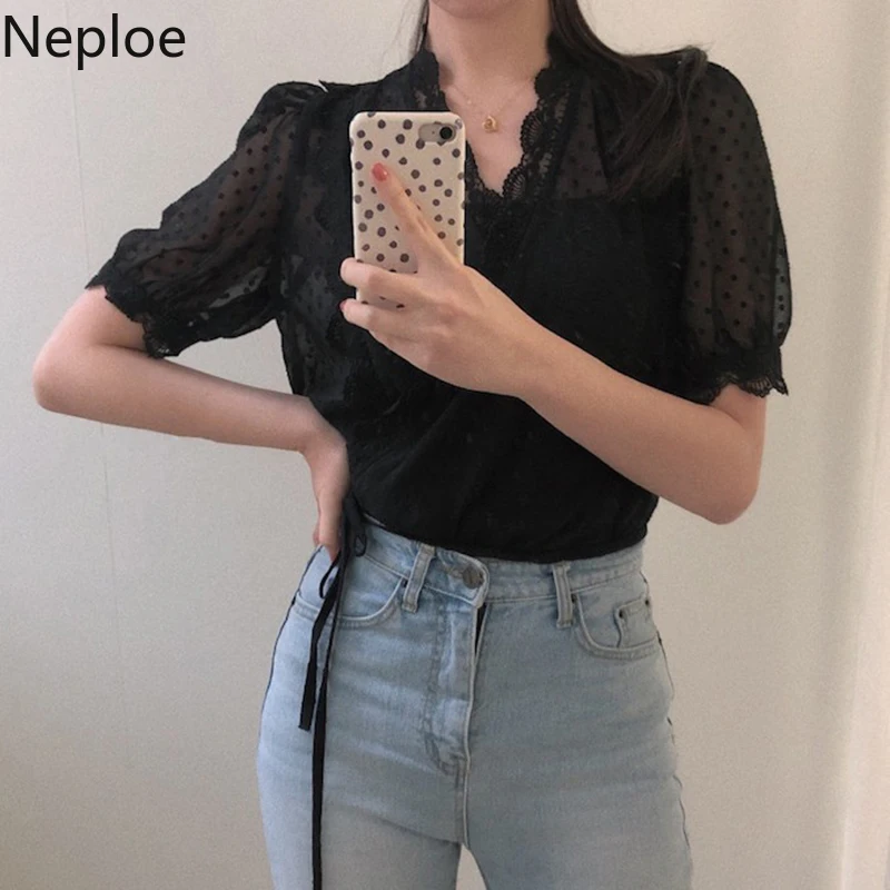 Женская блузка с цветочным принтом Neploe кружевная v-образным вырезом и пышными