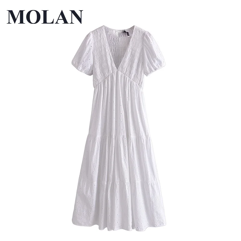 

Woman Vintage Elegant Long Dress Fashion V Neck Short Sleeve Folds Solid White Chiffon Summer New Female Chic Retro Top Dress