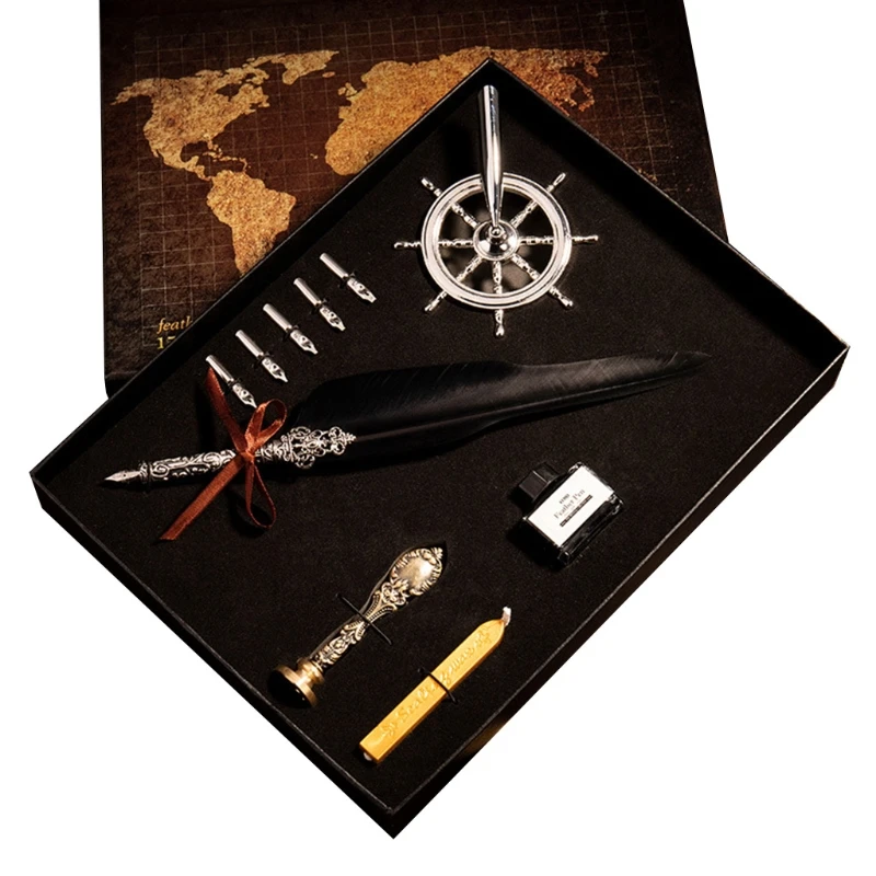 

Vintage Quill Feather Dip Pen Fountain Pens Writing Ink 5 Nibs Luxury Gift Box