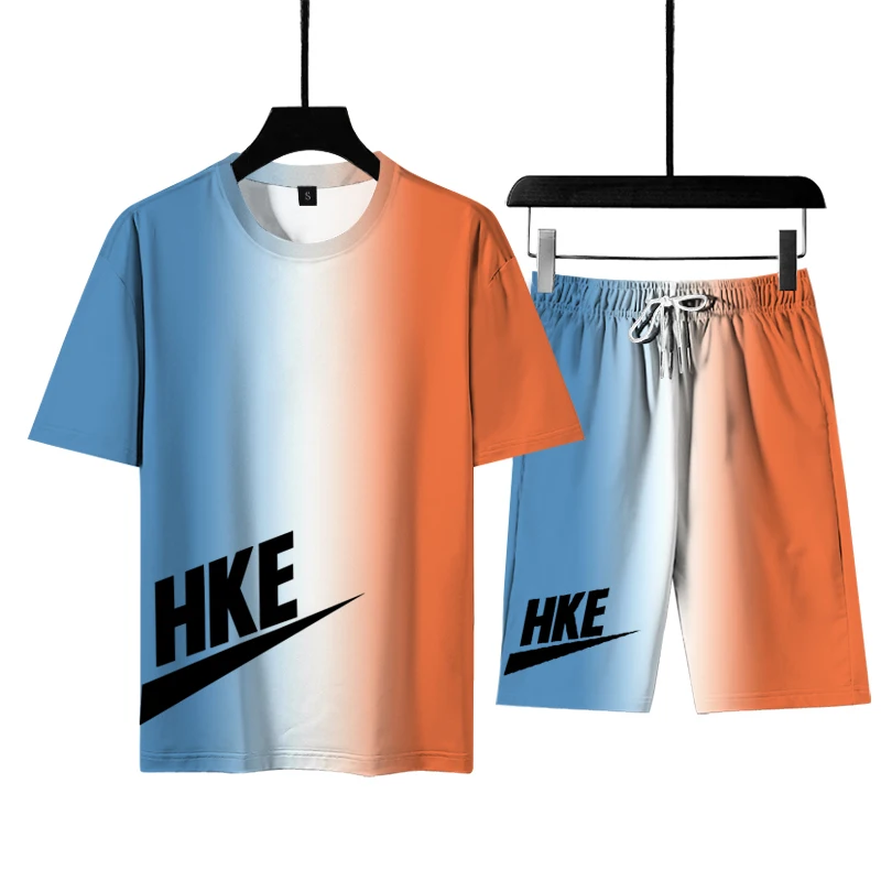 

Cross border fashion new T-shirt summer trend gradual digital printing men's T-shirt + Shorts Set Outdoor Sports + Leisure set
