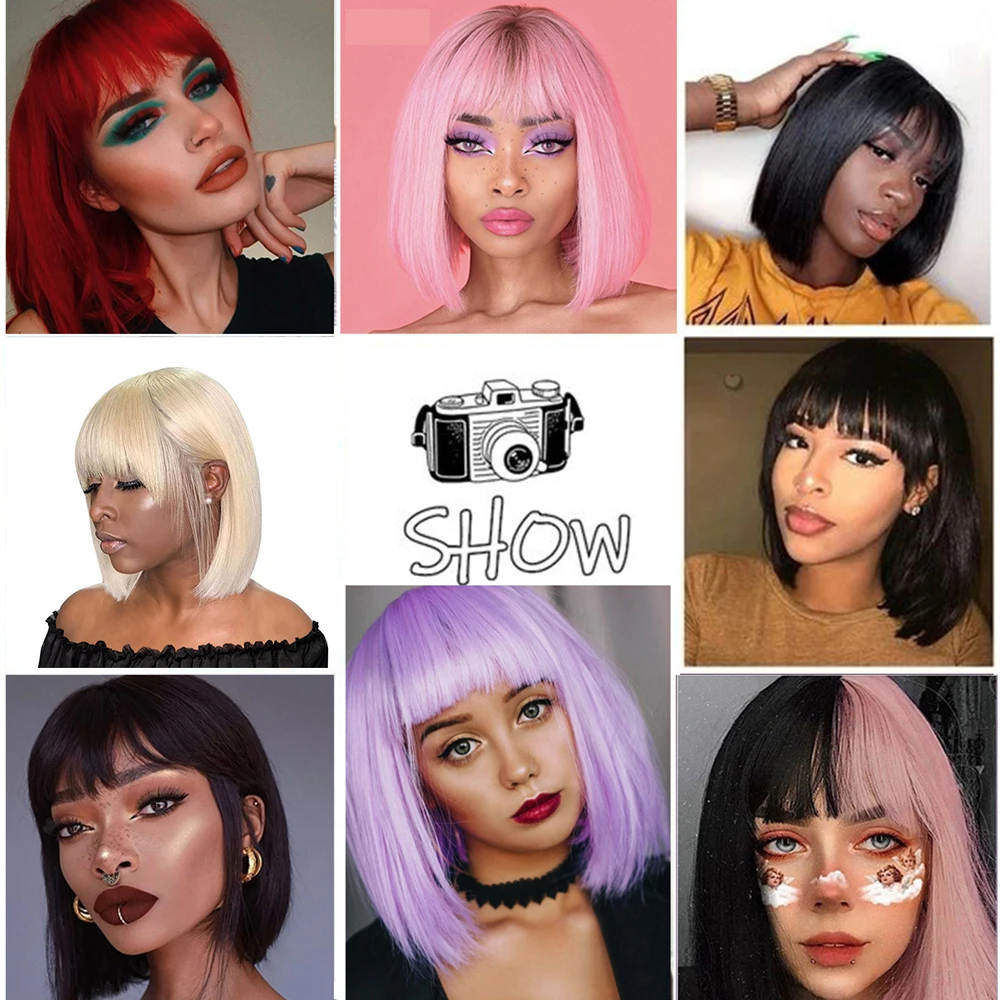 

Short Straight Bob Wigs With Bangs Blond Wigs for Women Synthetic Pink/Black Cosplay Wig Fake Hair Natural Looking for Africa
