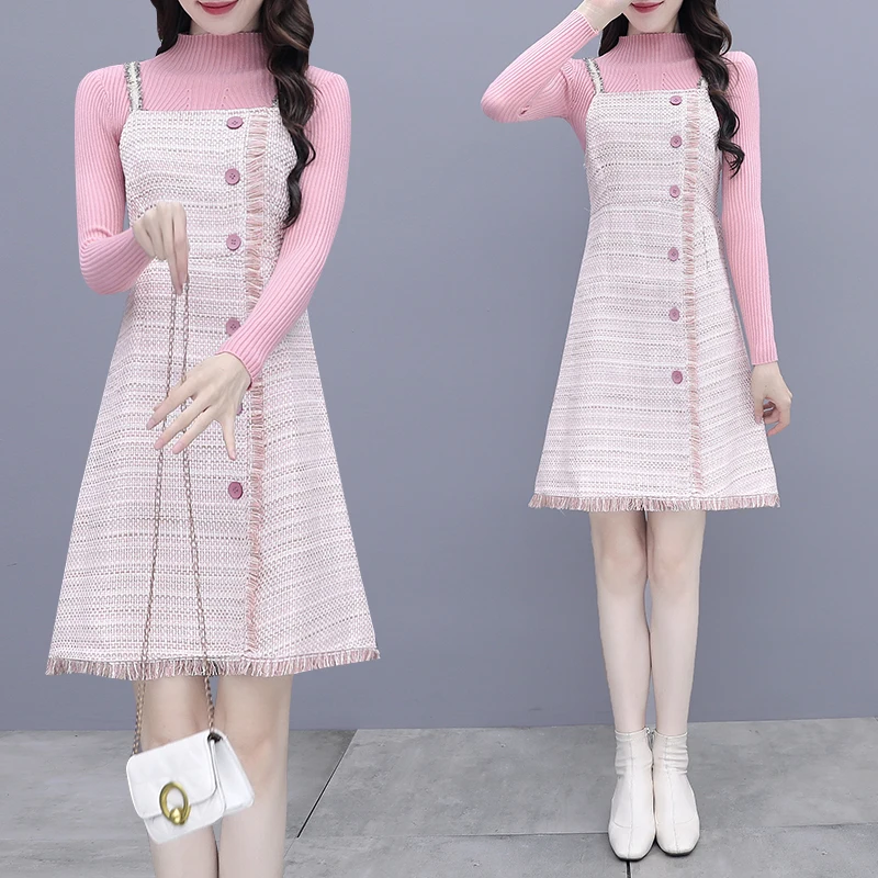 

2021 Fall Elegant Women's Sets Korean Tassel Pink Plaid Womens Outfits Office Lady Twinset Ladies
