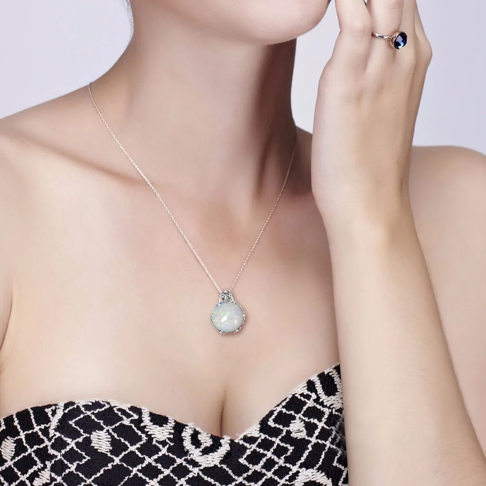 

Fire White Opal Pendant For Women Real 925 Sterling Silver Flower Gemstone Pendants Vintage Round Handmade Fine Jewelry