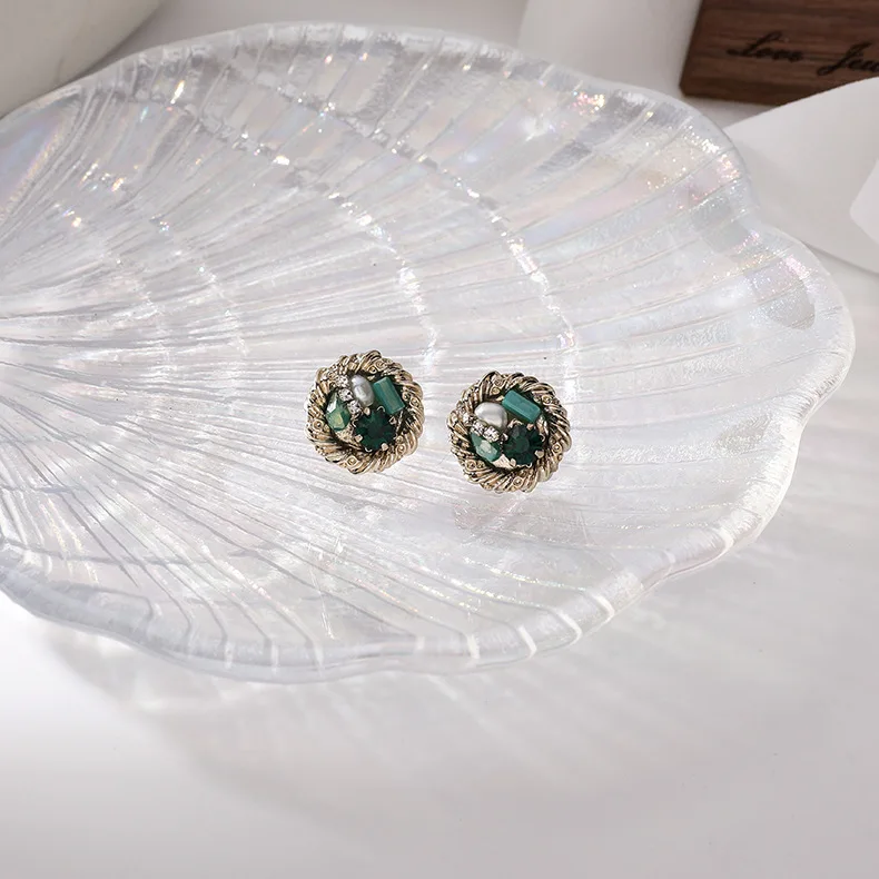 

2020 New Arrival Sweet Trendy Green Color Crystal Round Stud Earrings For Women Students Elegant Metal Party Pendiente