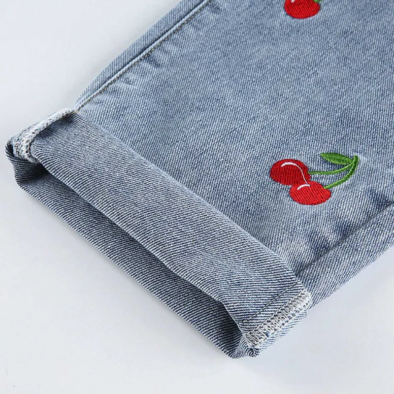 

Women's Fashion Cherry Embroidery High Waist Slimming Pencil Jeans Blue