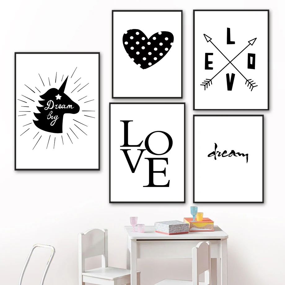 

Clock Unicorn Love Dream Black White Cartoon Wall Art Canvas Painting Nordic Posters And Prints Wall Pictures Kids Room Decor