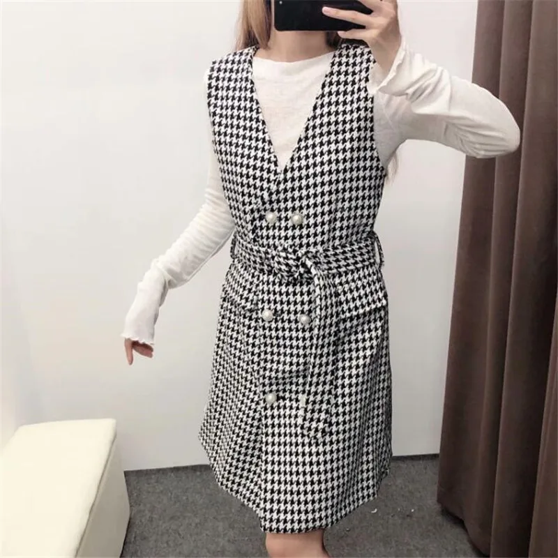 ROHOPO/твидовое платье без рукавов с узором гусиная лапка и двойной грудью