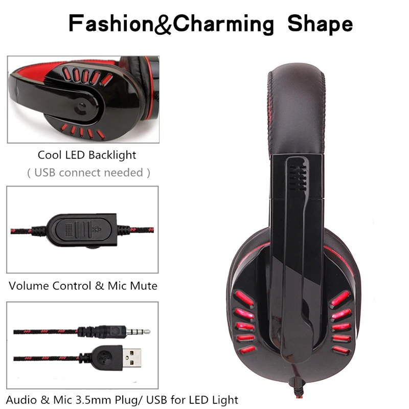 ABKK-Gaming Headset 3.5Mm Music Stereo Bass Deep Light Computer With Microphone Wired Headphones Black + Red Plastic | Электроника
