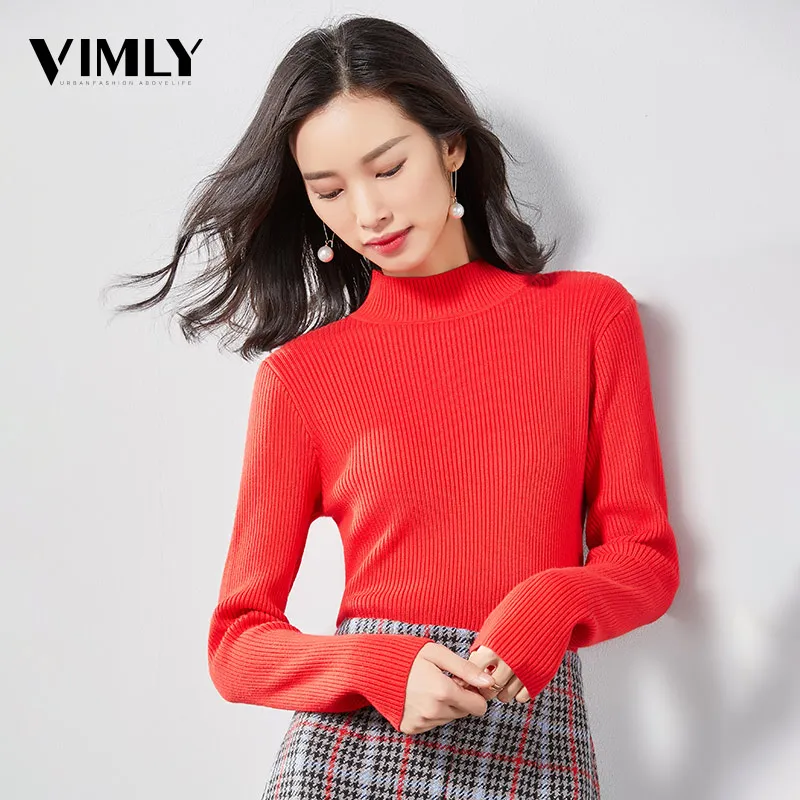 Vimly Women Basic Solid Knitted Sweater Female Casual Slim Fit Turtleneck Pullovers Ladies Winter Warm Tops | Женская одежда