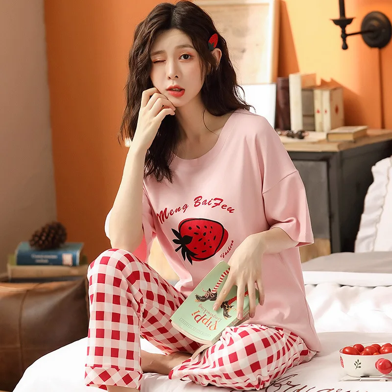 

Pajamas Women's Suit Summer Short-sleeved Trousers Cotton Student 2 piece Sleeved Plaid Pants Home Service Sleepwear women set